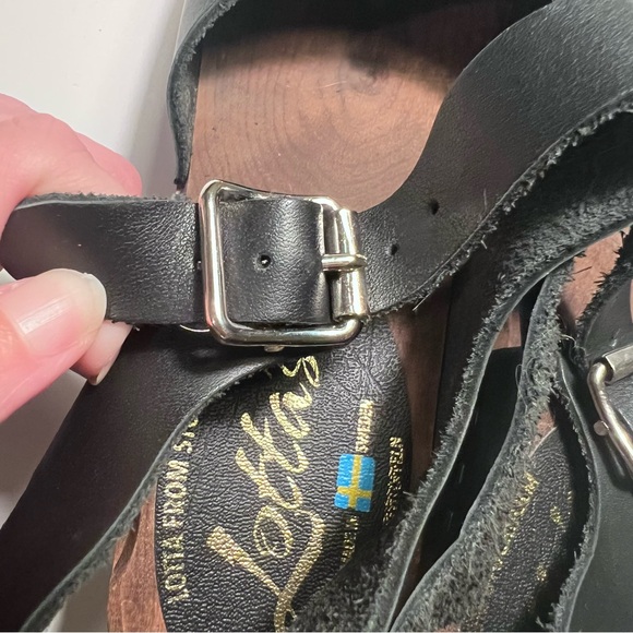 Lotta From Stockholm Black Leather Closed Toe Heel Clog Ankle Strap Dark Wood 37 - Picture 6 of 8